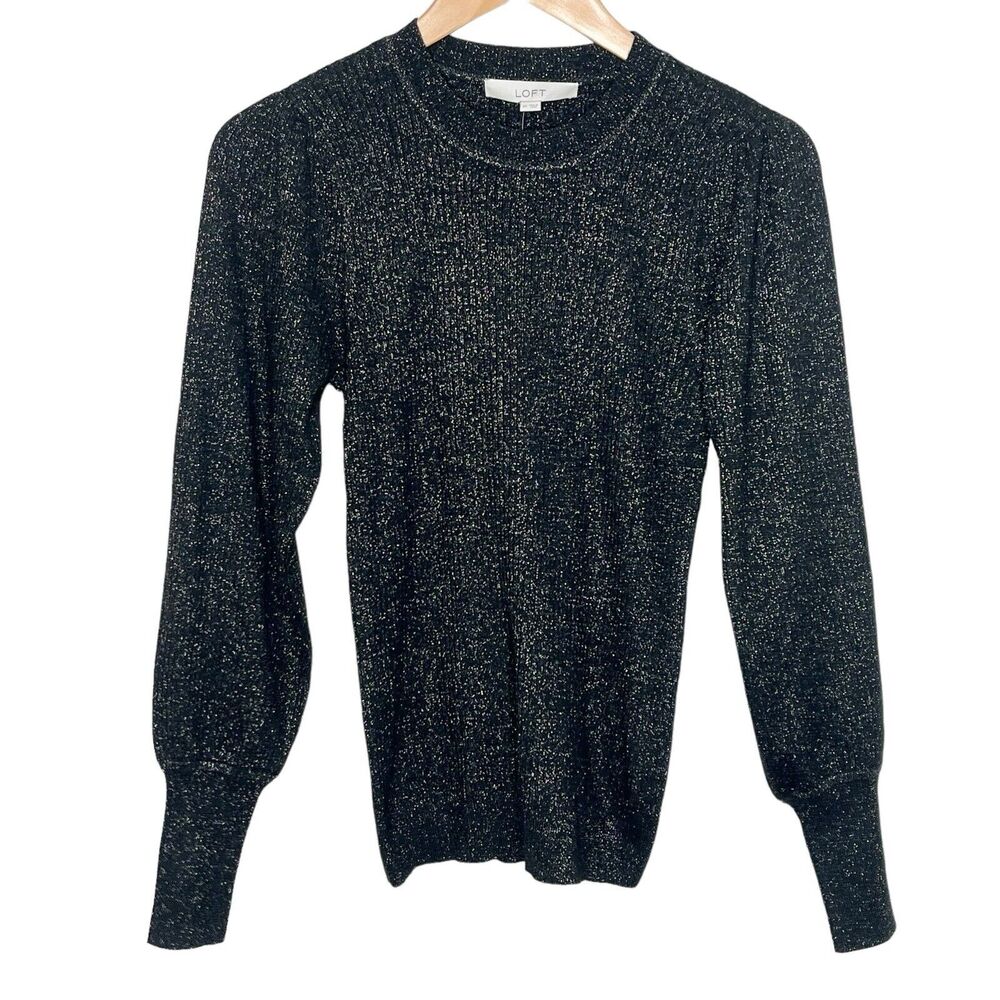 LOFT Metallic Ribbed Sweater Black Women’s XS Bishop Sleeve Sparkly Crewneck